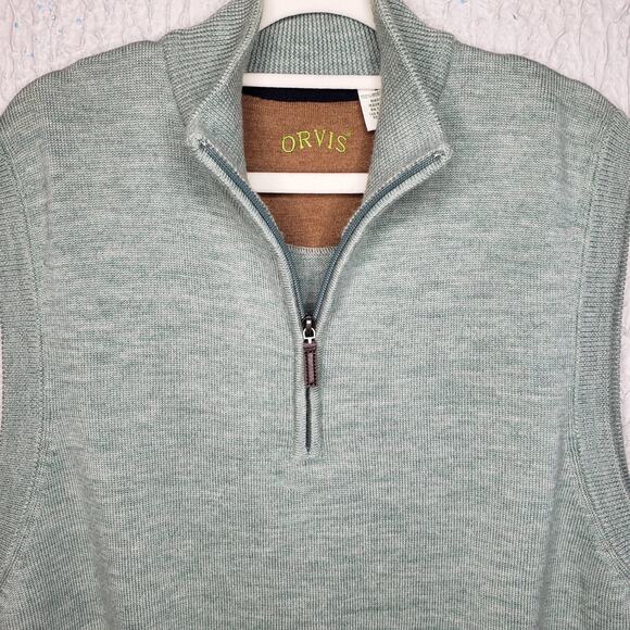 Orvis 100% Merino Wool Vest 1/4 Zip Men's Size L Light Green RN 70534 - Picture 2 of 13